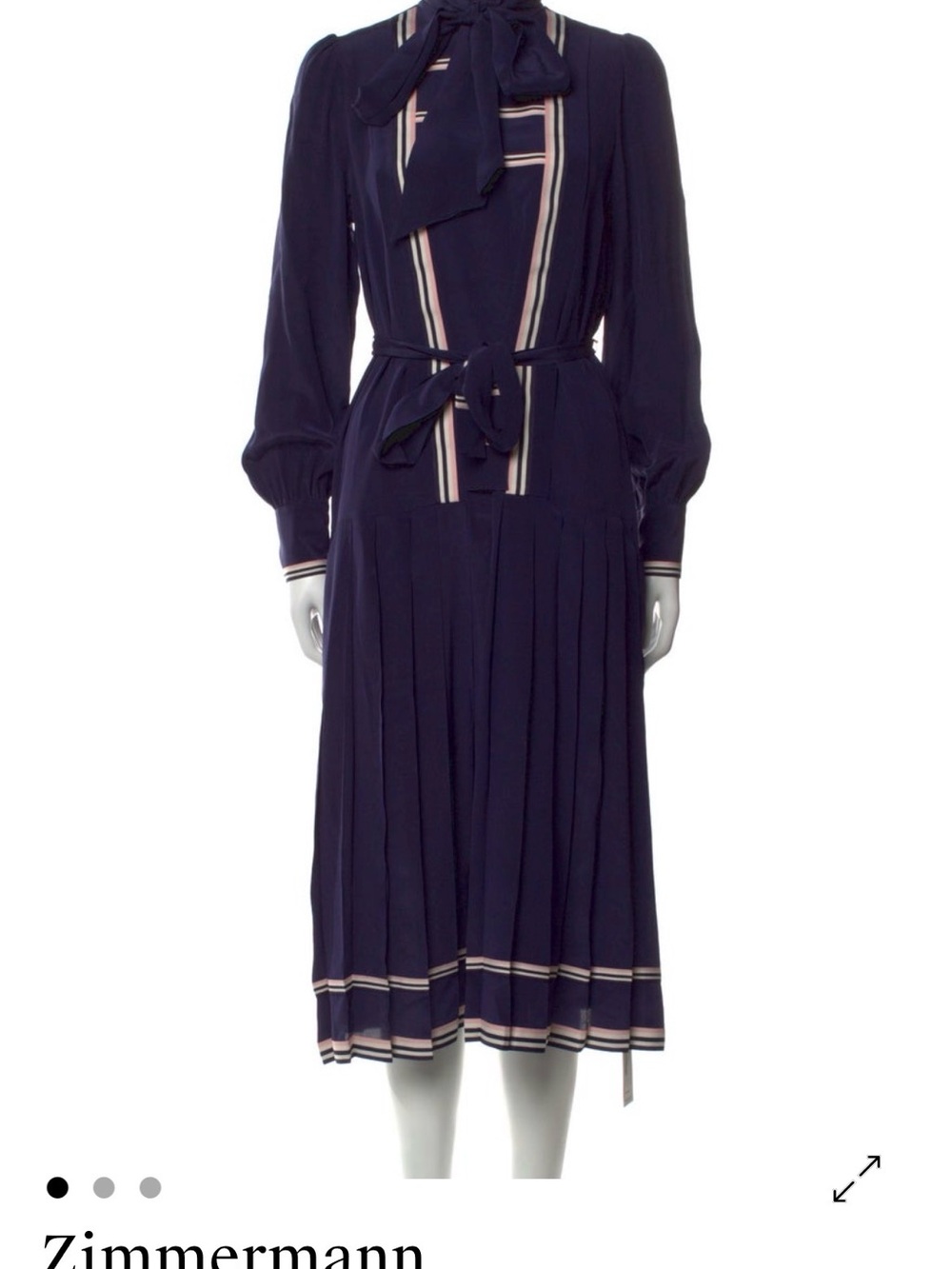 Zimmermann Navy Midi Dress with Cream and Pink Stripe Trim